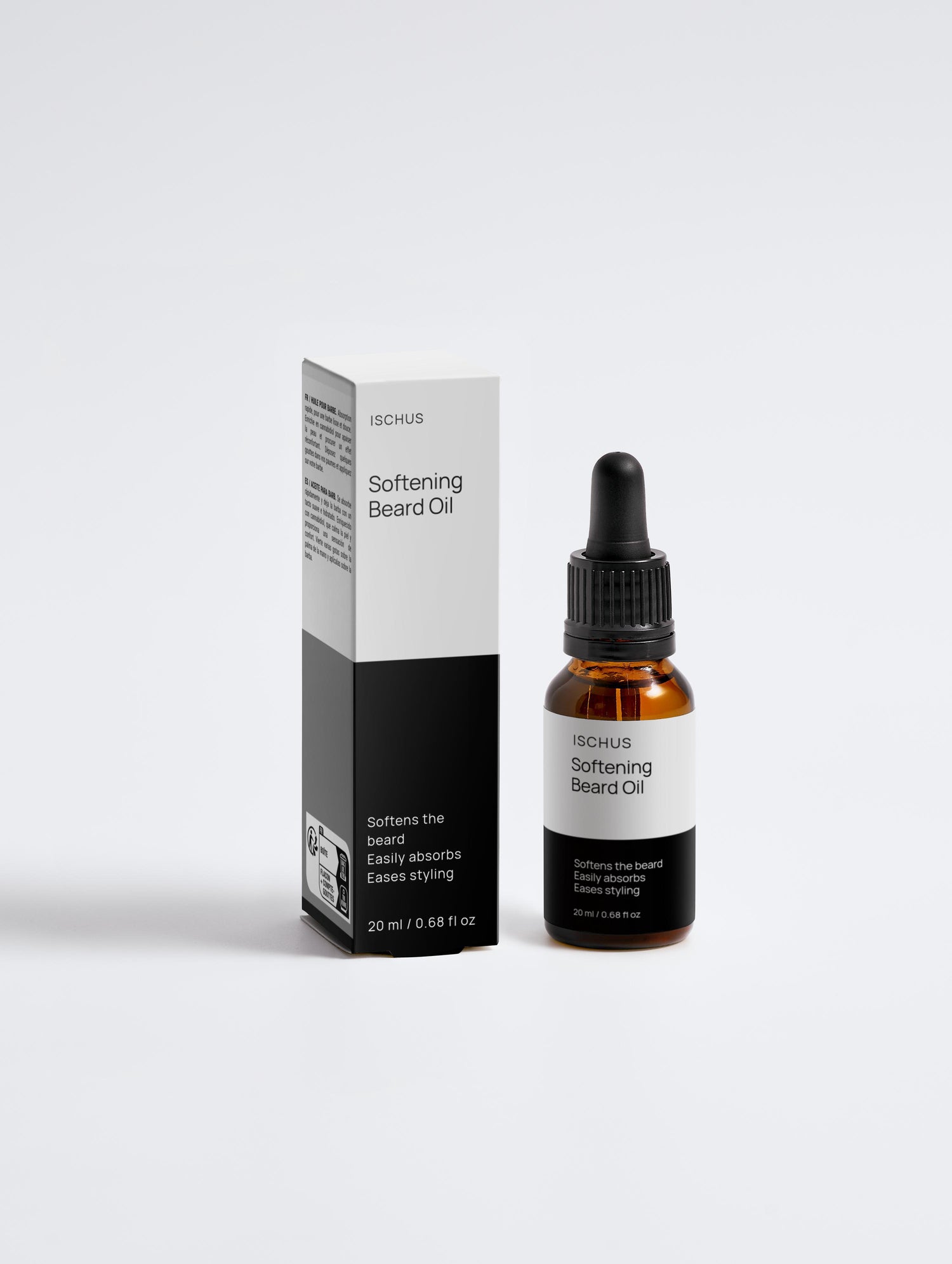 A brown dropper bottle labeled Luxe Beard Oil sits beside its matching box, both showcasing a minimalist black-and-white design and highlighting natural oils for men's care. The bottle contains 20 ml (0.68 fl oz).