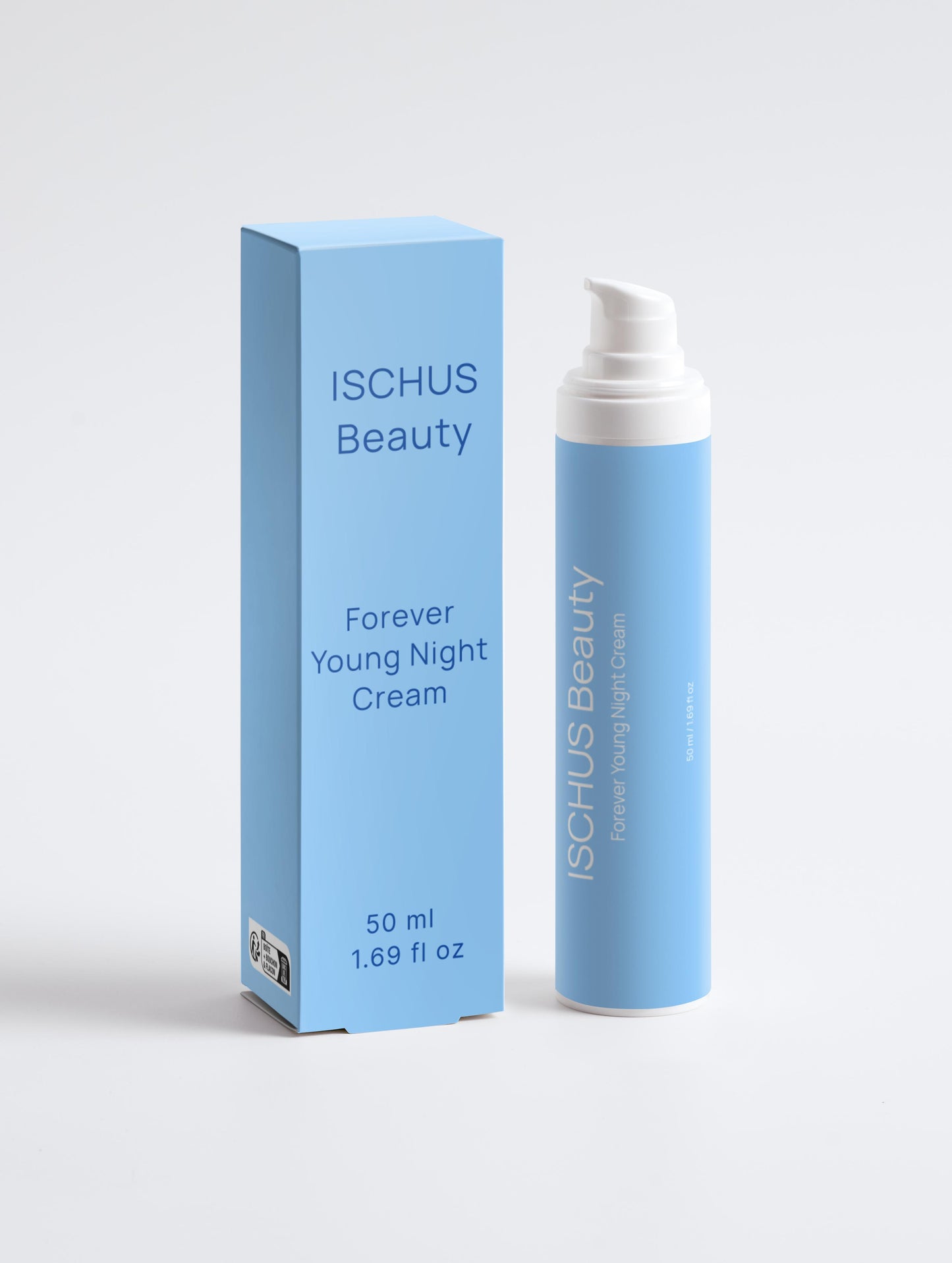 A blue bottle of Forever Young Night Cream with a white pump sits beside its matching box. The 50 ml (1.69 fl oz) cream is enriched with marine plankton extract for anti-aging skincare, perfect for nighttime use.