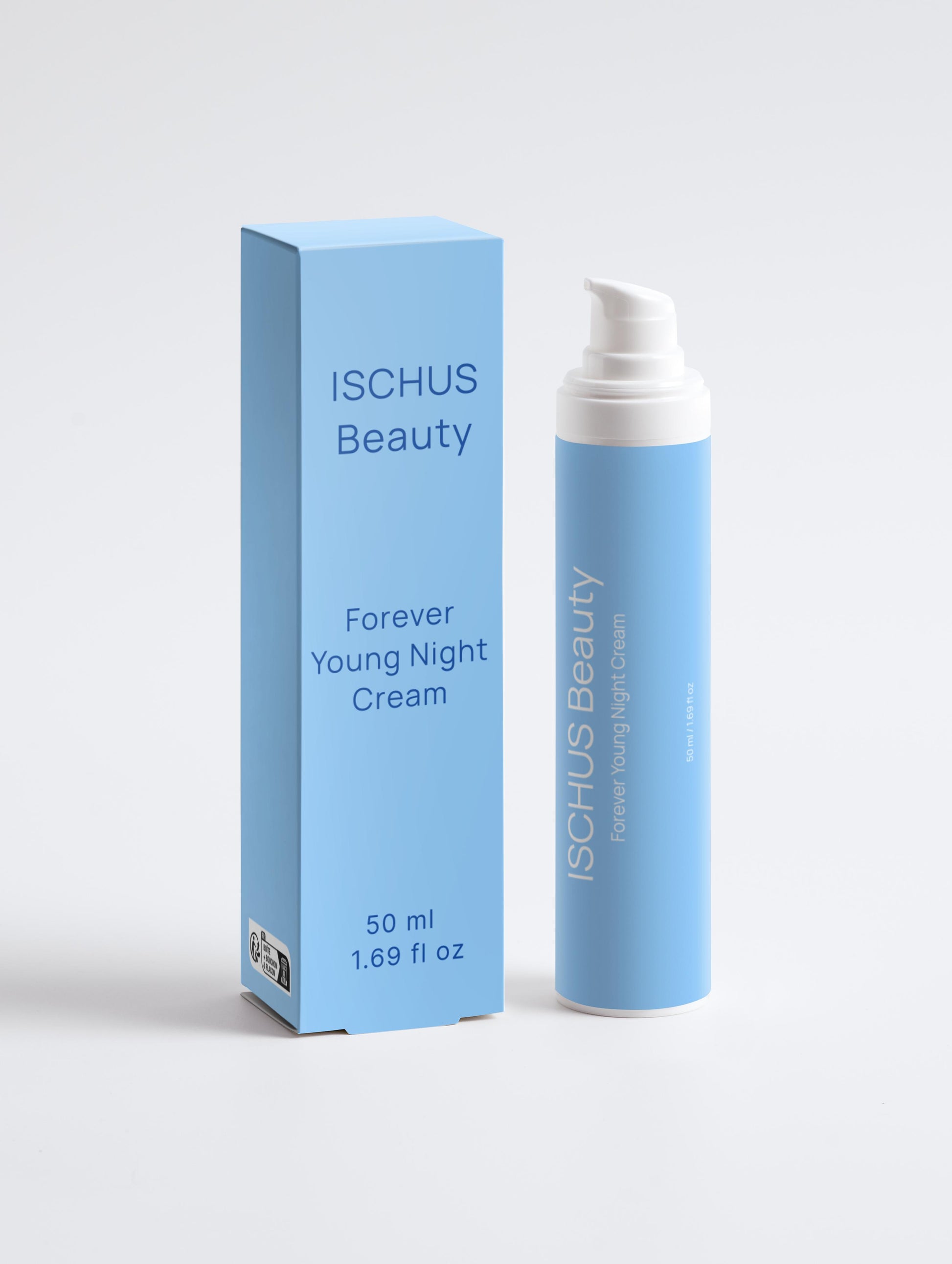 A blue bottle of Forever Young Night Cream with a white pump sits beside its matching box. The 50 ml (1.69 fl oz) cream is enriched with marine plankton extract for anti-aging skincare, perfect for nighttime use.