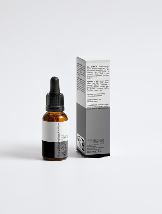 A small amber dropper bottle of Luxe Beard Oil stands beside its box on a plain white background. Designed for men's care, the packaging includes text and symbols without visible branding.