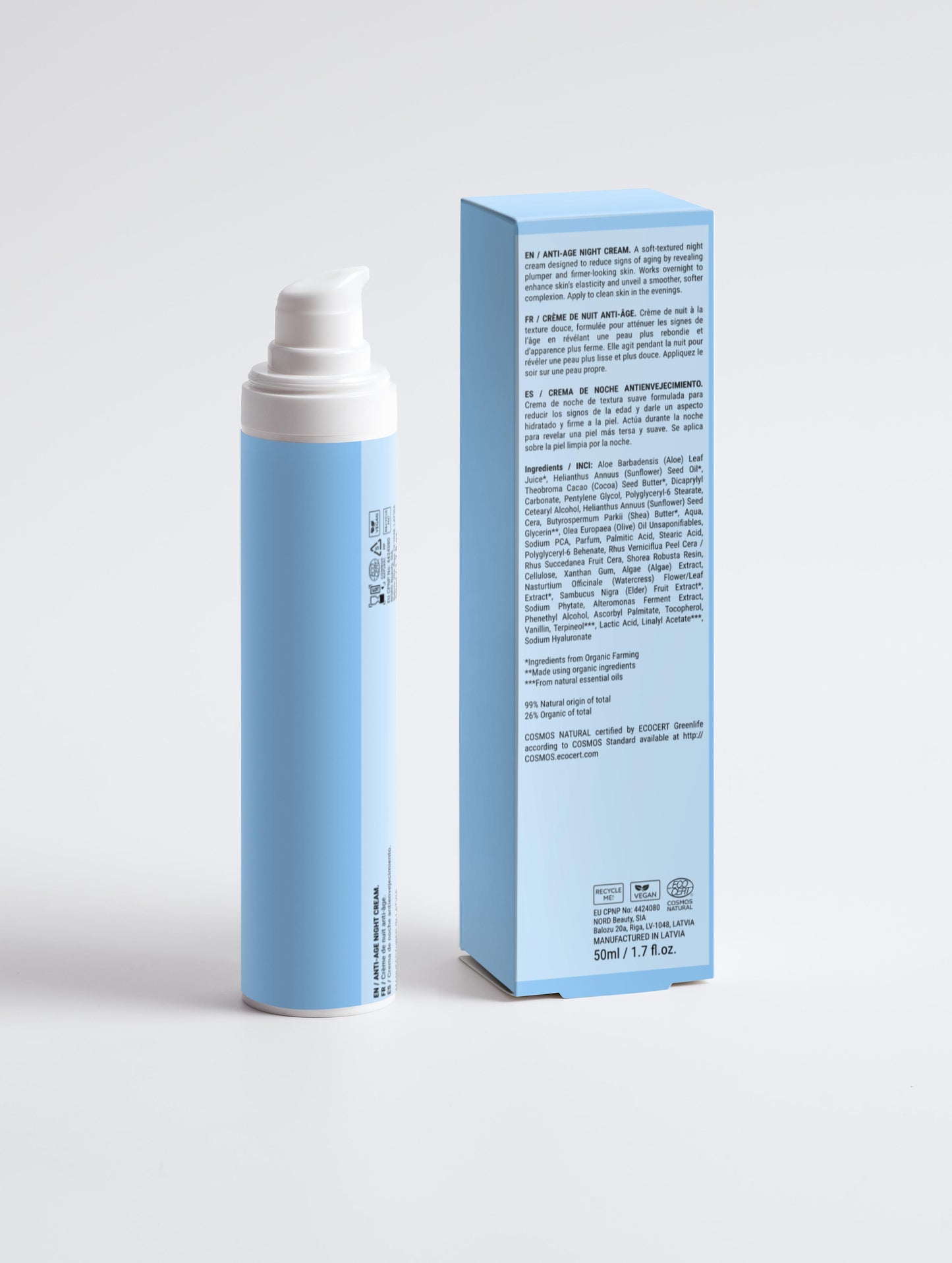A light blue bottle with a white pump and its matching box, both labeled "Forever Young Night Cream" with anti-aging marine plankton extract details, are shown against a plain white background.